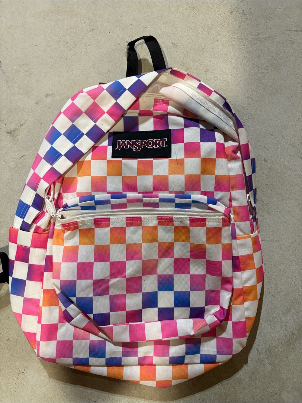 Jansport Multicolor Checkerboard Backpack in Pink, Orange, Blue